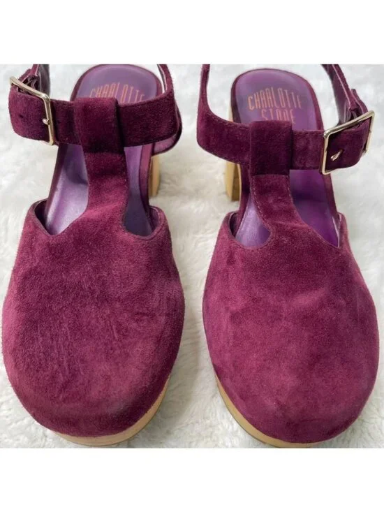 Charlotte Stone Maud T-Strap Clogs Burgundy Suede Wooden Platform Heels Size 8 - Picture 3 of 16